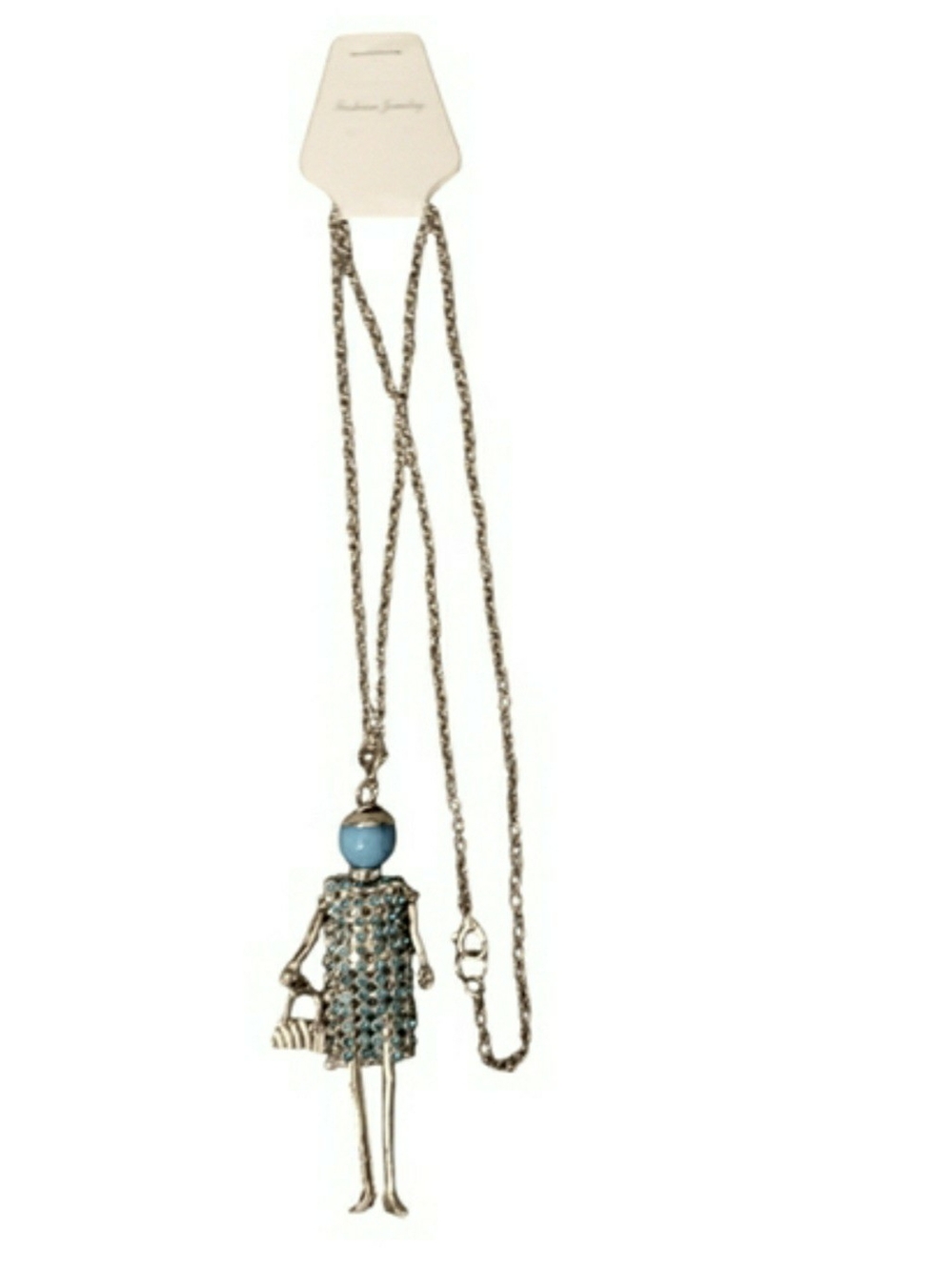 Long-chain fashion necklace with a silver-toned articulated doll pendant.